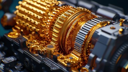 Golden Gearbox Close up of Intricate Mechanical Gears and Cogs