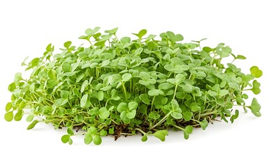 Obraz premium Lush cluster of vibrant green microgreens, freshly sprouted, isolated on white background.
