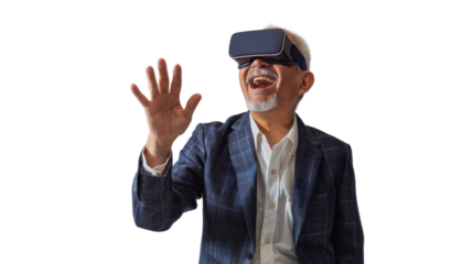 Asian caucasian senior businessman watching vr glasses laughing and gesturing with hand on white background