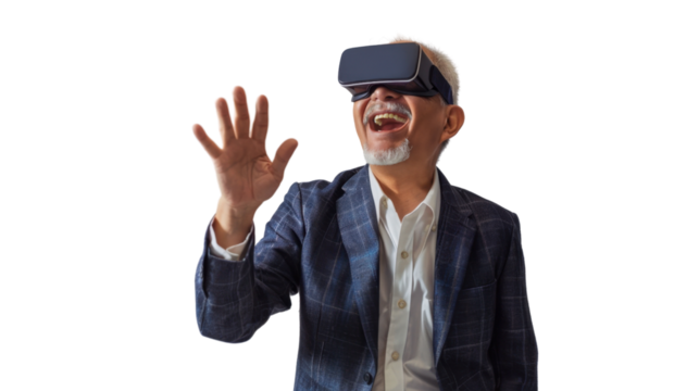 Asian caucasian senior businessman watching vr glasses laughing and gesturing with hand on white background
