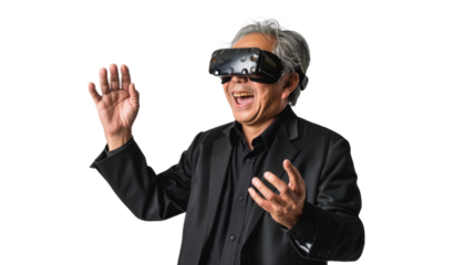 Asian caucasian senior businessman watching vr glasses laughing and gesturing with hand on white background