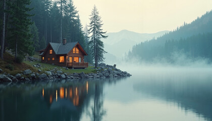 Obraz premium Cozy wooden cabin by the lake surrounded by misty mountains and pine trees at dawn