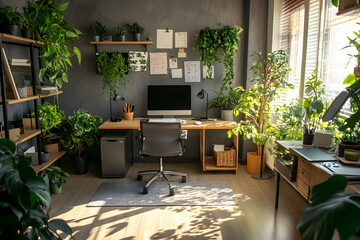 Fototapeta premium Modern Home Office Workspace Surrounded by Indoor Plants and Natural Light