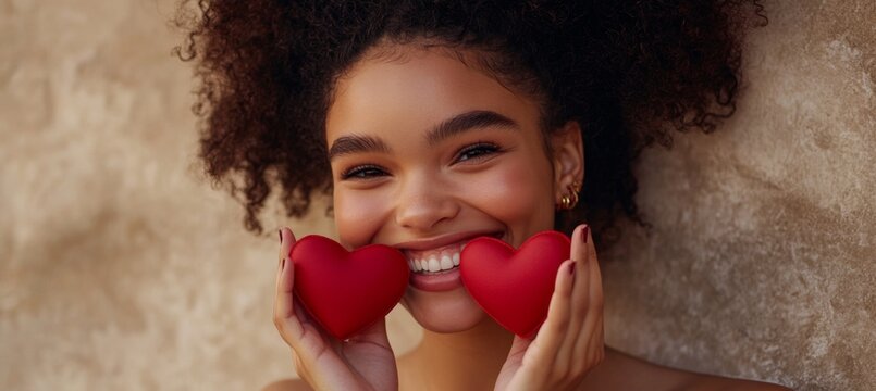 portrait of happy young black woman holding red heart shapes on a beige stone background, Valentine's Day concept