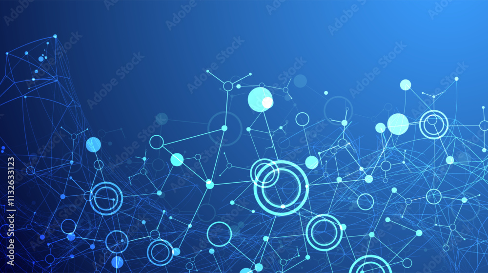 Poster Scientific abstract background. Plexus effect and circles connected by lines. Hand drawn vector.
