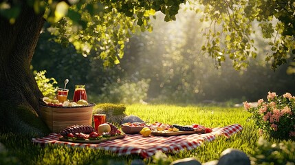 A delightful picnic scene unfolds under the shade of a tree, bathed in warm sunlight. A checkered blanket is laden with delicious food and refreshing drinks.