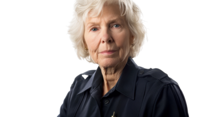A police officer caucasian american senior woman on white background
