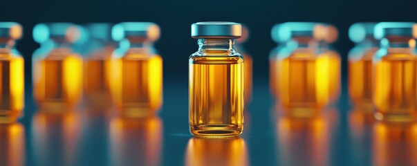 Golden Liquid Vial Medical Science Research Lab Closeup Pharmaceutical Amber Glass Bottle Dark