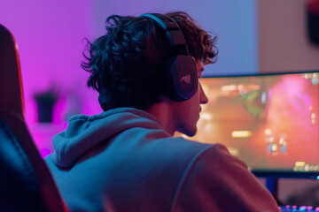 Gamer Immersed in Video Game with Headphones Highlighting Esports and Online Gaming Competition Generative AI