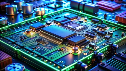 Obraz premium EV Controller Unit Assembly: Worm's Eye View of High-Tech Automotive Electronics, Precision Engineering, Circuit Board, Power Electronics, Electric Vehicle Technology