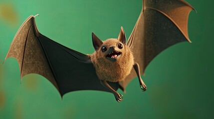 Obraz premium a cute cartoon image of a brown bat flying. emerald green background.