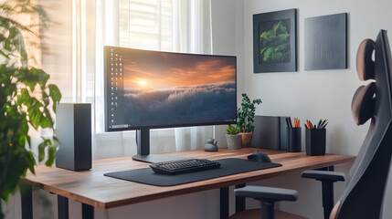 Modern Home Office Workspace with Computer Monitor and Green Plants in Natural Light
