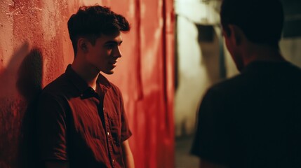 Naklejka premium Man in a red shirt is standing next to a wall
