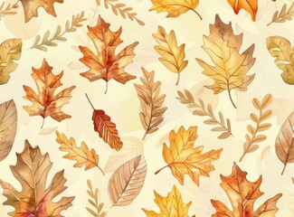 Autumn leaves, foliage, background depicting a collection of falling leaves in warm tones of orange, brown, and yellow on a soft cream backdrop for seasonal designs
