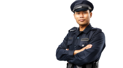 Asian caucasian middle age male security , confident and arms crossed on white background
