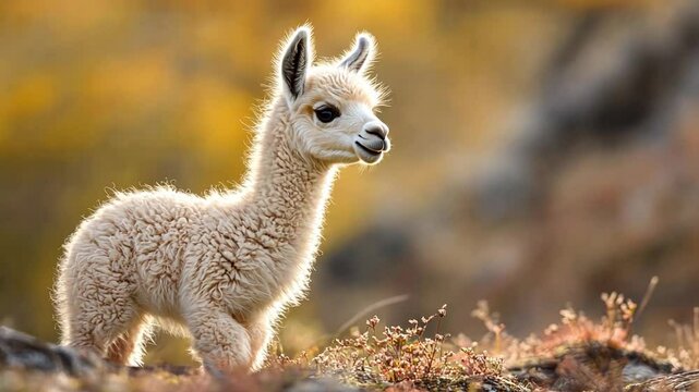 Baby Alpaca in Golden Light: A fluffy, white alpaca cria stands in a field of golden grasses, bathed in the warm glow of the setting sun.