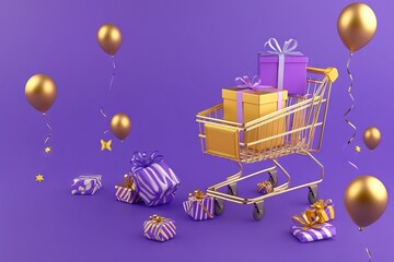 Gift-filled cart with decorative balloons around
