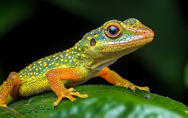 Fototapeta premium Vibrant green and orange gecko on a leaf, close-up.