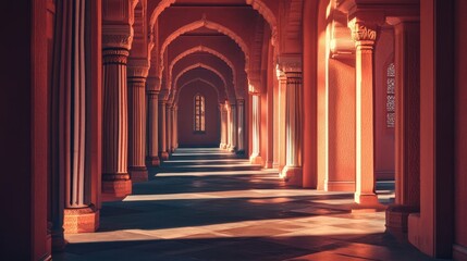 Fototapeta premium Warm sunlight streams through the arched hallway of a historical building, illuminating the intricate details of the sandstone columns and walls. A sense of peace and quiet fills the space.