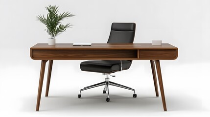 Fototapeta premium A minimalist wooden desk with a single potted plant and an ergonomic chair