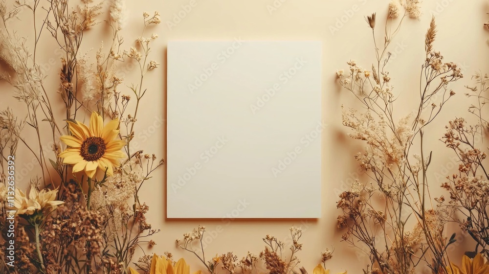 Poster delicate wildflowers in soft hues surround a pristine white canvas set against a warm beige backdrop