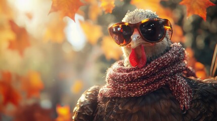 A stylish turkey struts its stuff in a cozy scarf and cool shades against a backdrop of autumn leaves.  The perfect blend of fashion and fowl!