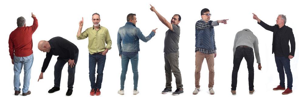 various poses of a group of men pointing fingers everywhere down, center and up on white background..