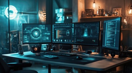 Obraz premium A futuristic workspace with three monitors displaying complex code and data, bathed in cool blue light. The scene evokes a sense of technological innovation and high-stakes digital work.