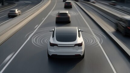 Fototapeta premium Illustration shows a high-tech self-driving car with holograms and sound waves navigating a dark road
