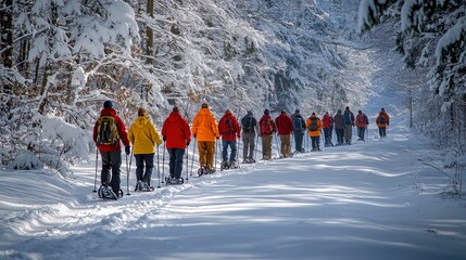 Participants immerse in the beauty of winter, joyfully snowshoeing along a snowy path surrounded by tranquil, snow-laden trees in a scenic forest