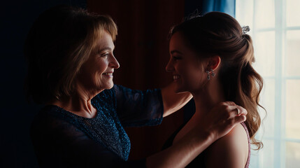 Fototapeta premium Mother, daughter and love for wedding, family or support for event. People, help and preparation with dress, care or relationship for bond, day or together