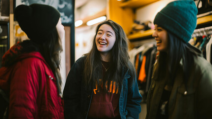 Fototapeta premium Asian women, talk and laugh in store for friends, friendship or connection. People, happy and shopping with fashion, winter or casual social for lifestyle