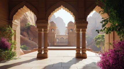 Fototapeta premium A serene view through an arched doorway of a sandstone building, revealing a tranquil courtyard and majestic mountains in the background. Lush greenery.