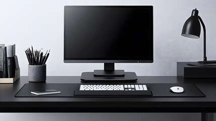 Fototapeta premium A workspace with a clean monitor stand, keyboard, and mouse on a black desk