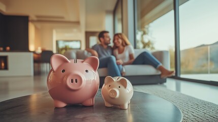 Couple relaxing in modern living room with piggy banks representing savings and financial planning