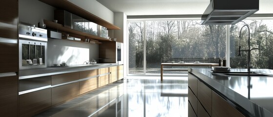 Fototapeta premium Modern Kitchen Design With Rainy Day View