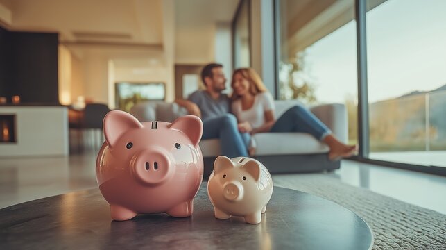 Couple relaxing in modern living room with piggy banks representing savings and financial planning
