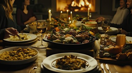 Fototapeta premium A warm and inviting Thanksgiving dinner scene, featuring a roasted main dish and a diverse group of people enjoying a festive meal together.