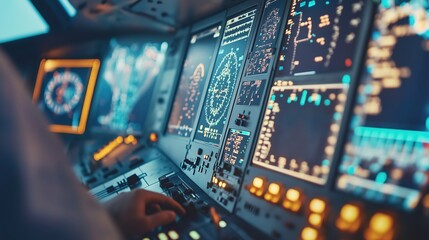 Fototapeta premium Air traffic control tower overseeing a bustling airport, ensuring safe and efficient aircraft movements, symbolizing coordination and precision in aviation operations.
