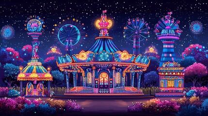 Enchanting Nighttime Carousel and Amusement Park Rides Illuminated Under a Starry Sky.