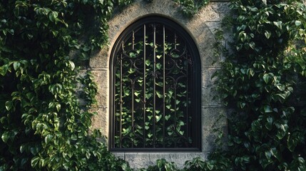 A dark, arched window with intricate metalwork is almost completely obscured by lush green ivy climbing the stone wall. The scene evokes a sense of mystery and age.