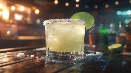 A refreshing margarita cocktail garnished with a lime wedge, sits on a rustic wooden bar top. The dimly lit bar creates a cozy and inviting atmosphere.