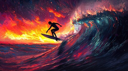 A surfer rides a massive wave amidst a fiery sunset, a vibrant digital painting capturing the energy and power of nature.