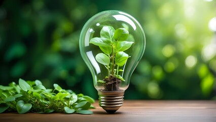 Sustainable and renewable energy in an eco-friendly lightbulb with a green background of plants. Artificial Intelligence