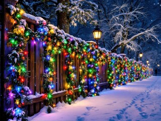 Fototapeta premium A beautifully lit wooden fence draped in colorful Christmas lights, surrounded by snow-covered trees, creating a festive winter atmosphere