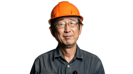 Asian caucasian middle age male engineer with safety helmet on white background
