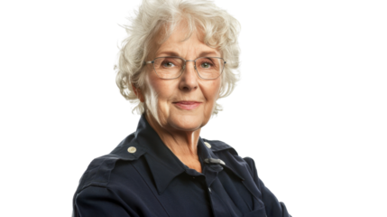A police officer caucasian american senior woman on white background
