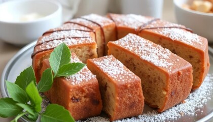A beautifully sliced cake garnished with powdered sugar and mint leaves, perfect for dessert.
