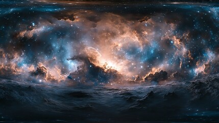 Fototapeta premium 360-degree space nebula panorama in equirectangular projection - hdri spherical environment map featuring vibrant nebulae, stars, and deep space details for cosmic 3d backgrounds