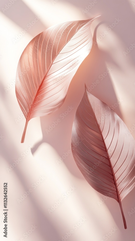 Poster Delicate leaves rest on a subtle pastel background, illuminated by soft sunlight, creating a serene atmosphere ideal for showcasing products or artfully designed items